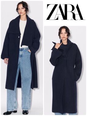 ZARA NAVY BLUE 100% WOOL ASYMMETRICAL LAPEL LONG COAT SIZE S